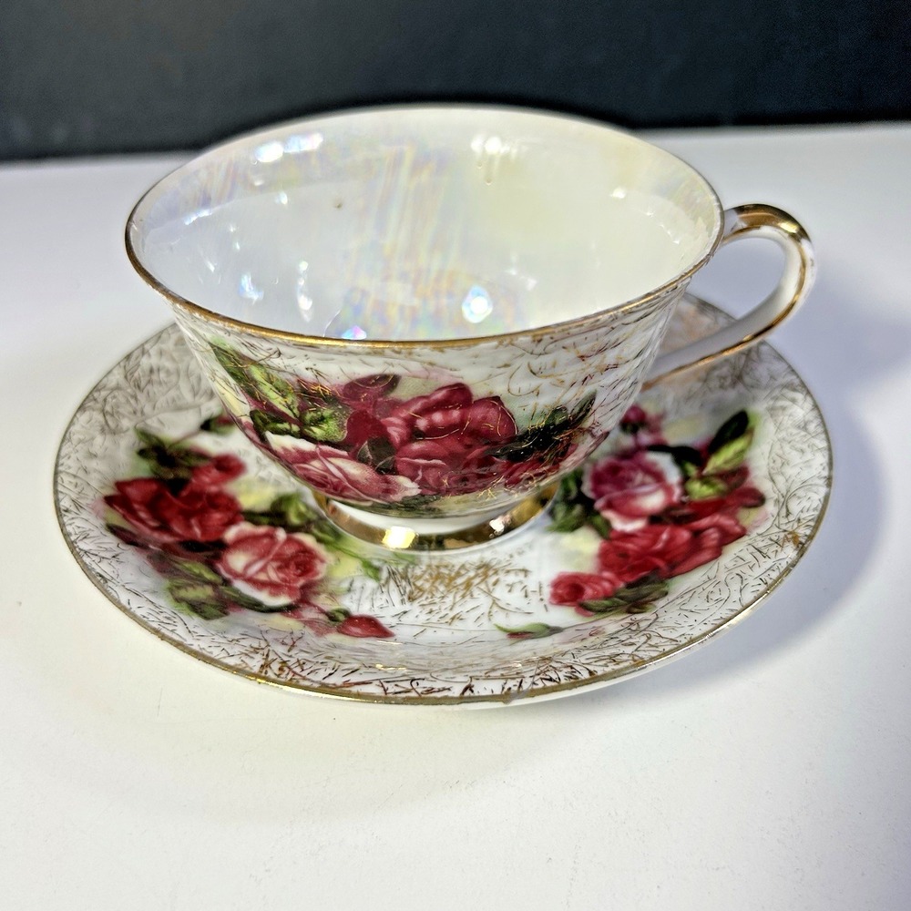 Mid Century Vintage Rose Teacup & Saucer Gold Trim Made in Japan Floral Tea READ